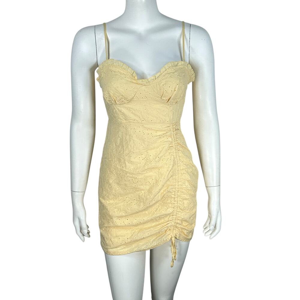 Mable Bodycon Micro Mini Dress Size Medium Yellow Eyelet Cottage Y2K Corset